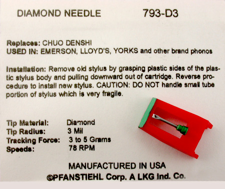 thumbnail image 2 of Pfanstiehl 793-S3 78 RPM Phonograph Needle For Crosley Nostalgia Models – Swiss Made, Sapphire Tip 2 of 6