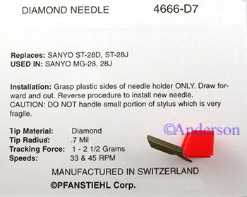 Sanyo Fisher ST 28D ST 28J MG28 666 D7 / 4666 D7 needle  