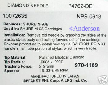 Phonograph Needle Stylus 4762 DE Shure N93E N 93E M93E  