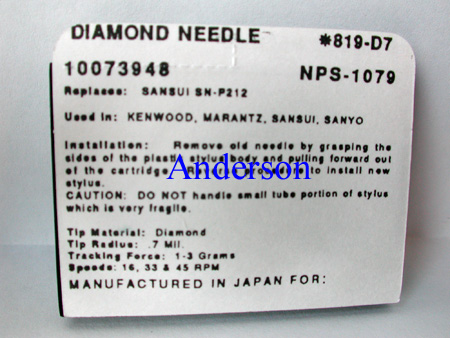 KENWOOD SANYO MARANTZ SANSUI TURNTABLE NEEDLE 819 D7  